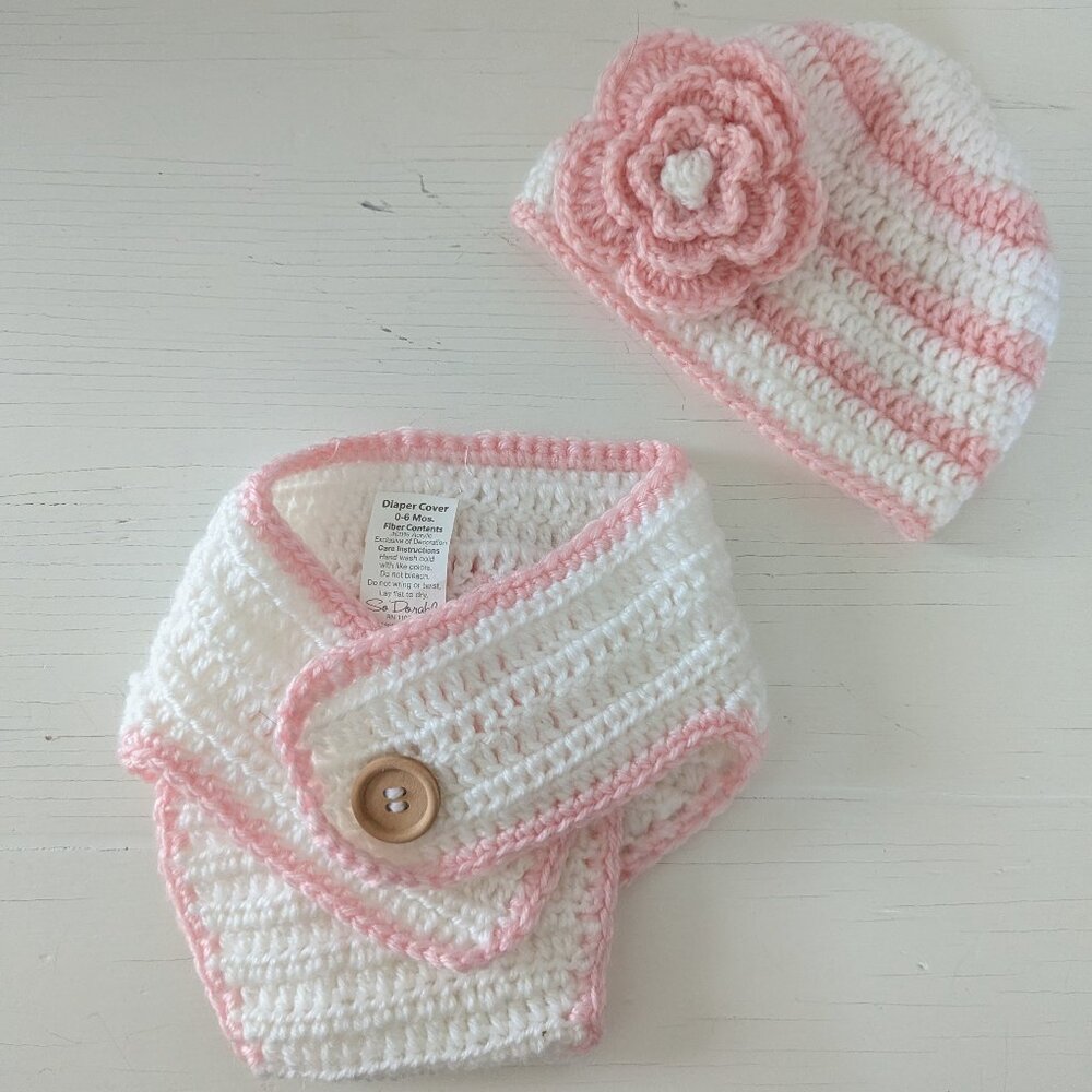 So Dorable 100% Acrylic Crochet Baby Girl Hat + Diaper Cover Set, 0-6M